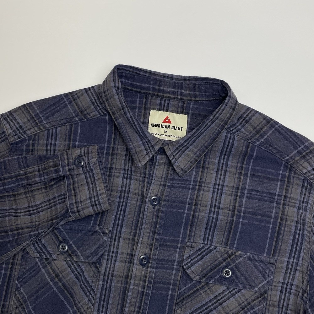 American Giant Flannel Shirt Men Medium Blue Plaid Woven Long Sleeve Button Down